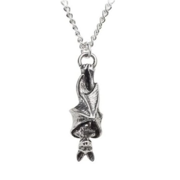 Awaiting The Eventide Pendant – Alchemy Gothic Rare Pewter Charm ✦ Roosting Bat - Picture 2 of 4